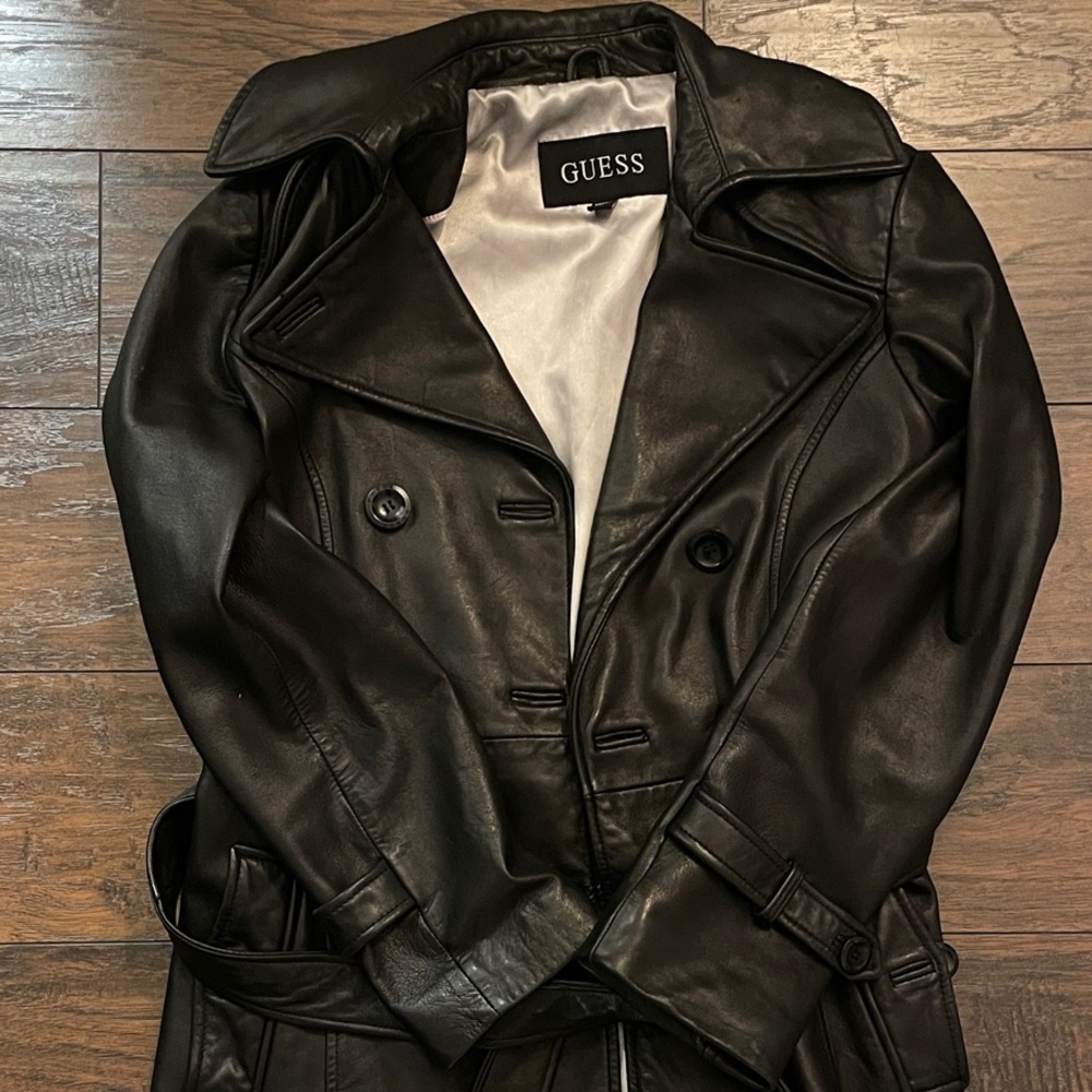 Guess Black Double-Breasted Leather Coat